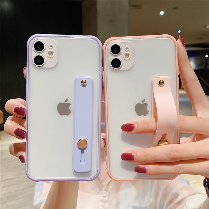 

Wrist Strap Phone Case For iPhone 11 Candy Color Cover For iPhone 11ProMax XR XSMaxX 7 8Plus Shockproof Bumper Transparent Cover