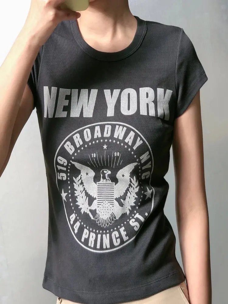 

Повседневные женские серые облегающие футболки с коротким рукавом 2022 Летняя мода женская уличная одежда с принтом орла винтажные топы для ...