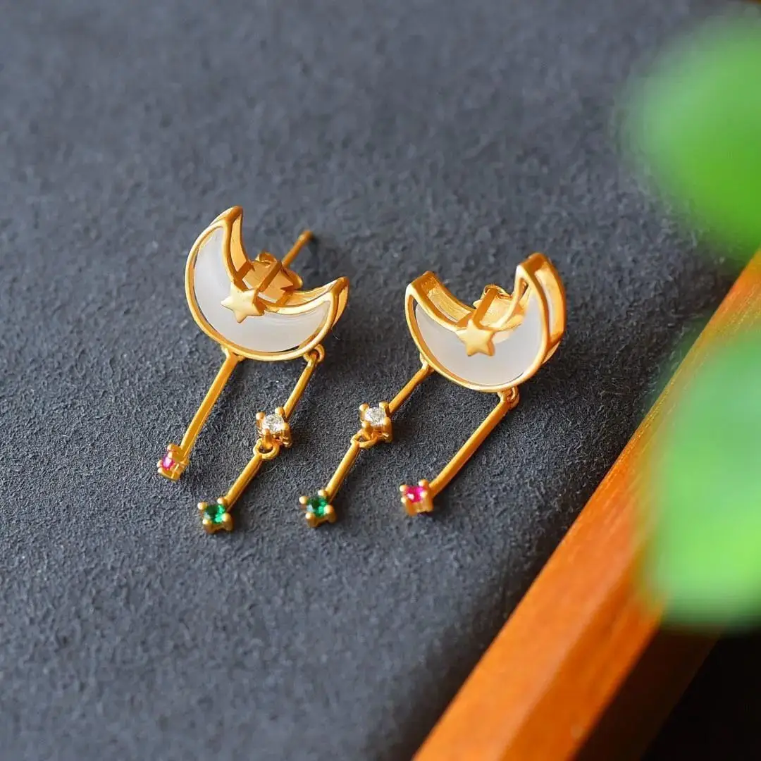 

Роскошные золотые серьги-гвоздики в форме звезды и Луны, серьги с кисточками из циркония, Женские Ювелирные украшения из драгоценных камней