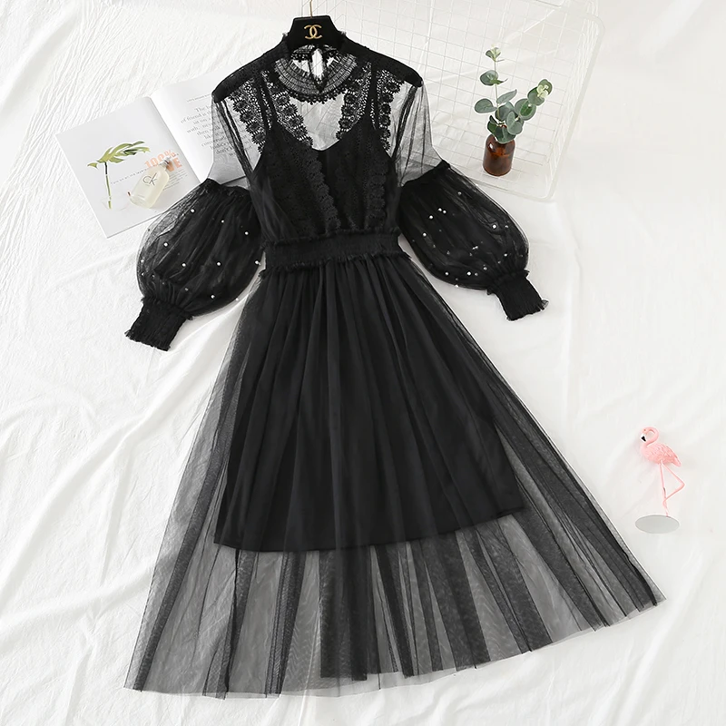 2021 Новинка в Корейском стиле Кружевное платье из тонкого сетчатого полотна для