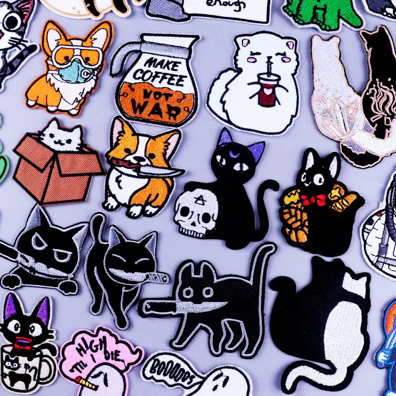 

Black Cat Embroidered Patches For Clothing Stripes Animal Patch Thermoadhesive Patches On Clothes DIY Applique Jacket Badges