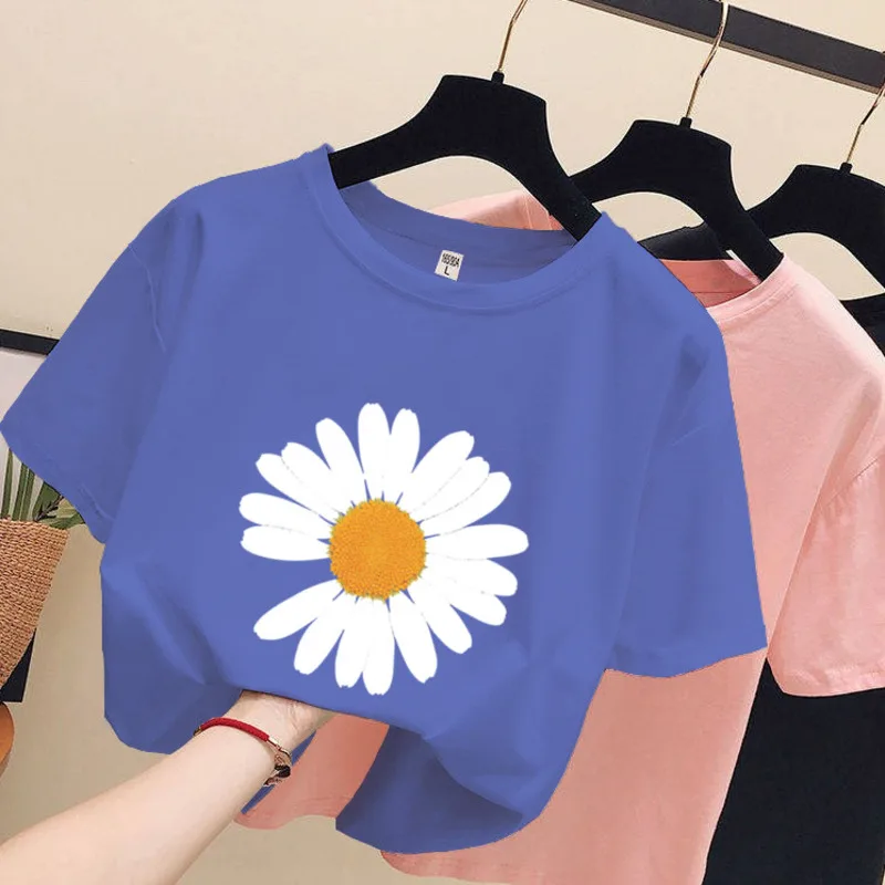 

Dsisy Print T-shirt Women's Short-sleeved O Neck Fashion Stylish Korean Tops Tees 2020 Summer Chic Casual Loose Streetwear Tees
