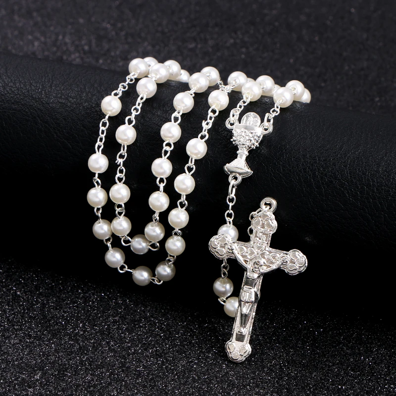 

KOMi Catholic Round Imitation Pearl Long Chain Necklace Orthodox Rosary Cross Jesus Religious Praying Jewelry Gift Collana R-316