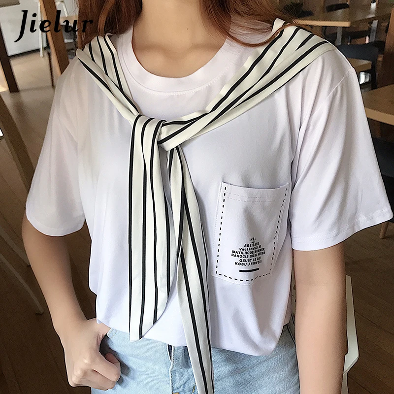 Jielur T-shirts for Women College Student Young Chic Pocket Striped Sailor Collar Top Summer White Letter Kawaii Tee Shirt Femme | Женская