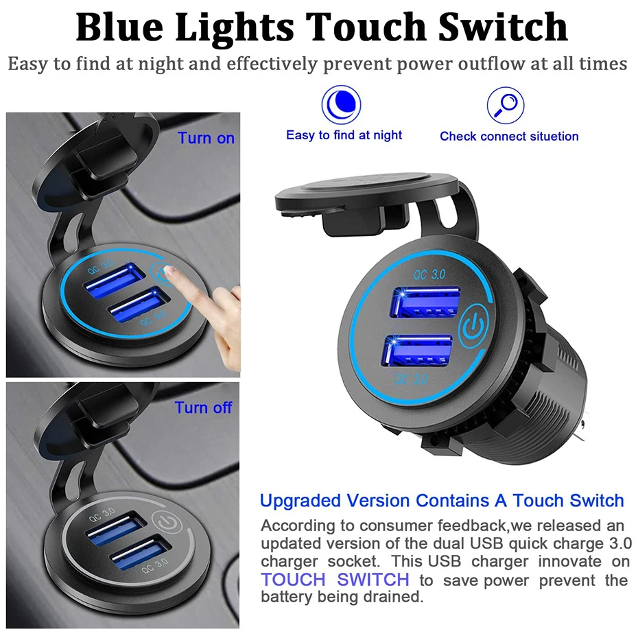 12V/24V 36W QC 3 0 2 USB зарядное устройство сенсорный выключатель водонепроницаемый