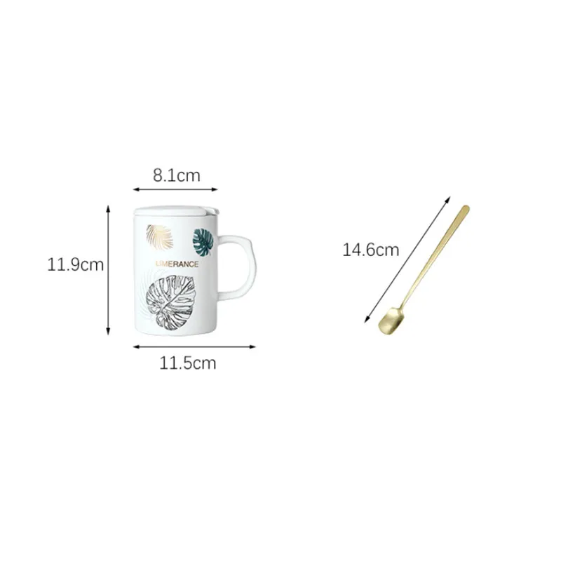 

Nordic Creative Ceramic Green Leaf Coffee Mug White Porcelain Breakfast Milk Mug with Lid and Spoon Office Teacup Drinkware Gift