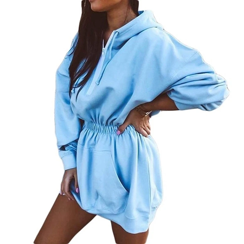 

Women Long Hoodies Dress Elastic Waist Solid Long Sleeve Pocket Hooded Pullover Dress Women Jumper Pullover 2021 New Fashion