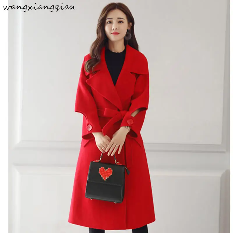 Женское шерстяное пальто длинное красное для свадебной церемонии осень зима