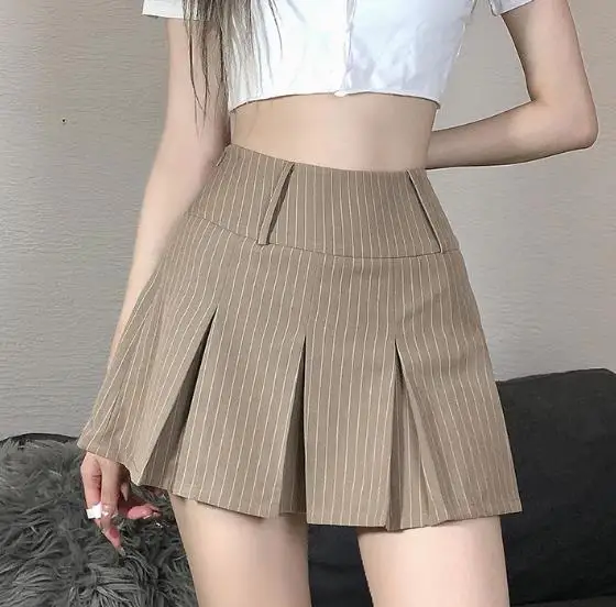 

Women's Pleated Mini Skirt, Fashion High Waist Striped Print Zipper Side A-Line Short Skirt
