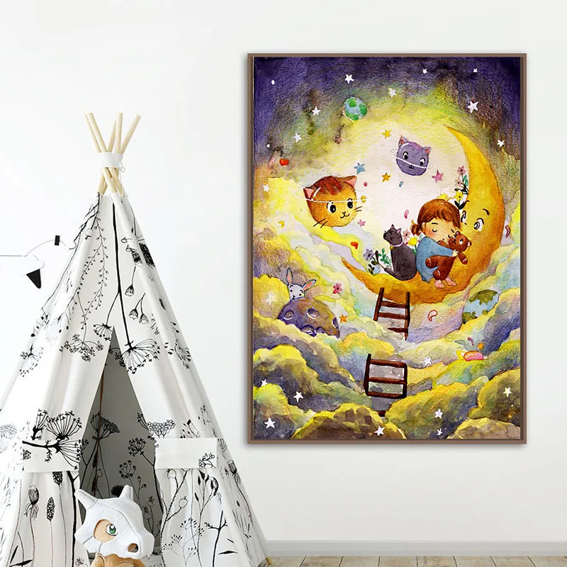 Abstract Avatar Lovely Girl and Cute Cat Canvas Paintings Print Poster Wall Art Bedroom Living Room Child Kits Home Decoration | Дом и сад