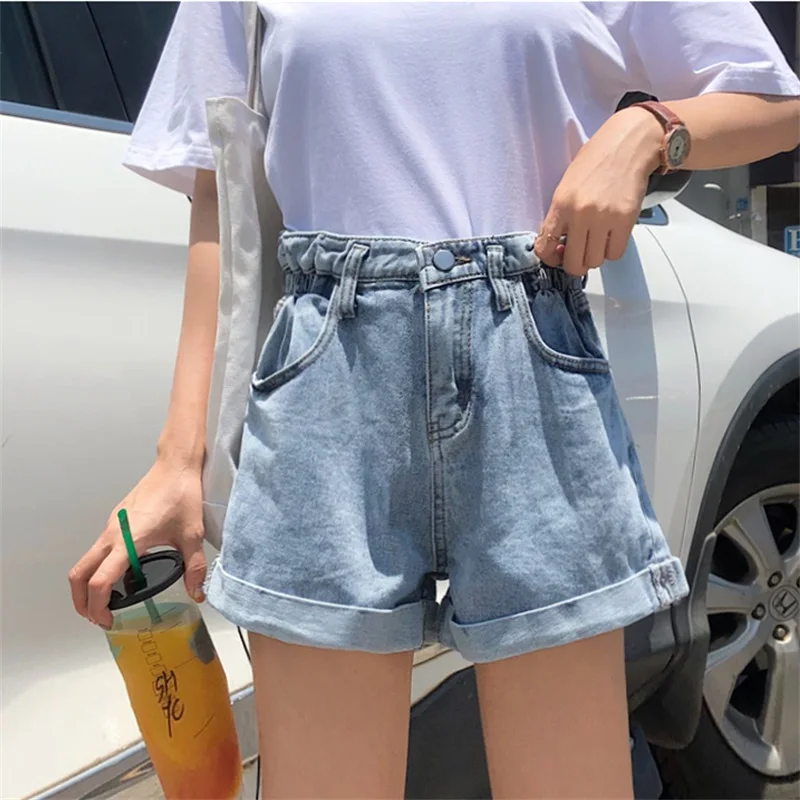

Korean Chic Vintage Simplicity Denim Women Jeans Shorts High Waist Folds Design Shorts Loose Straight Sexy Hot Girls Female
