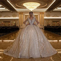 luxury princess appliques wedding dresses for woman 2022 shiny gold v neck sleeveless dubai bridal gowns vestidos de novia