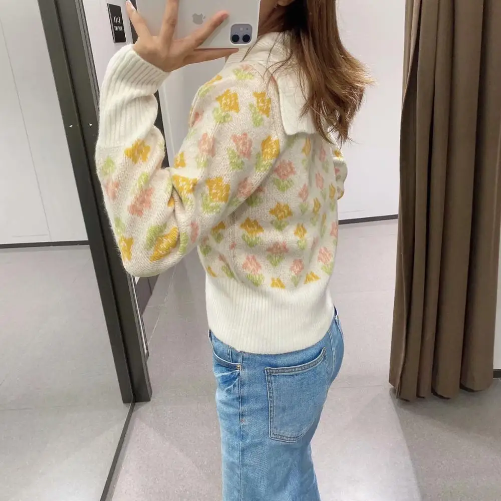 

2020 New Autumn Women Sweater Floral Print V-Neck Long Sleeve Sweater Female Fashion Casual Women Clothes