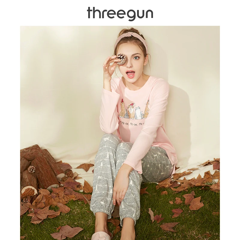 THREEGUN, Пижамный комплект для женщин, хлопок, осень, зима, Нью-Йорк, дизайн, принт, одежда для сна, костюм, мультфильм, длинный рукав, полный, для дома