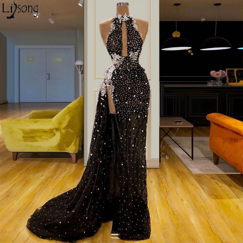 New Fashion Illusion Prom Dresses Long Sleeveless Halter Pearls Evening Dress Sexy Women Party Gowns vestidos de fiesta noche | Свадьбы и