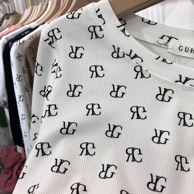 

Limiguyue Summer Korean Style Letter T-shirt Thin Ladies Casual Retro Printing Short Sleeve Tshirts Slim Bottoming Tops K1778