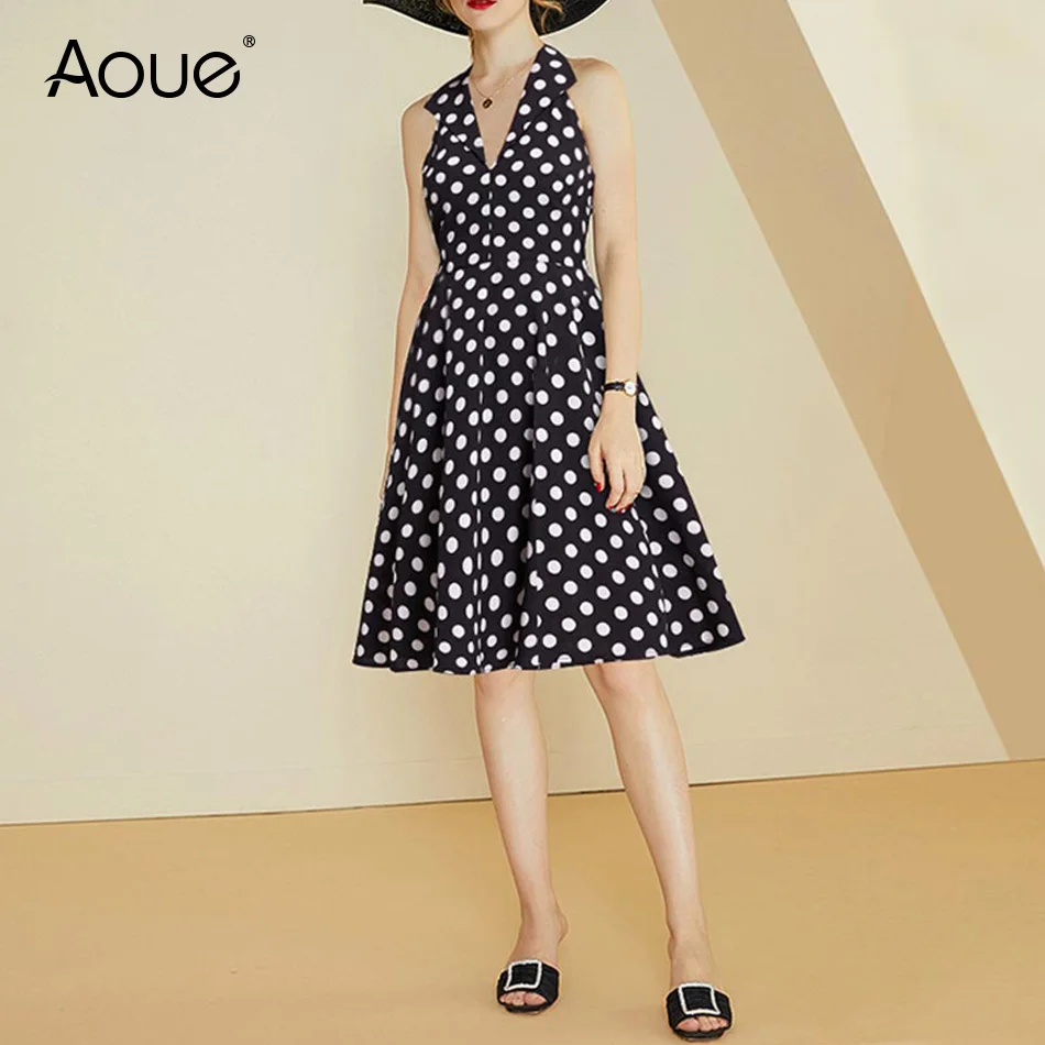 Aoue летнее платье в горошек стиле Бохо пляжное Винтаж с рюшами без рукавов