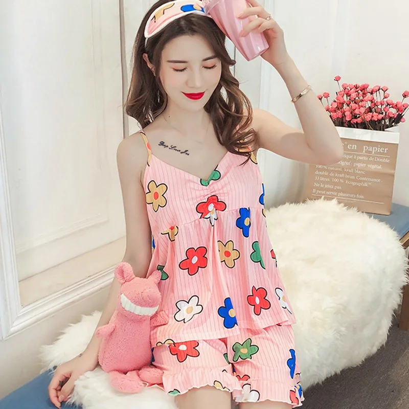 

Summer Women's Pajamas Set With Chest Pads Sweet And Sexy Lingerie Sleepwear Pijama Two-piece Pyjama Home Service