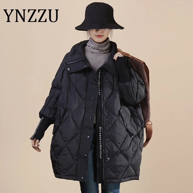 

YNZZU 2020 зимняя куртка большого размера, женский пуховик средней длины с ромбовидным рукавом, белый утиный пуховик, женская верхняя одежда A1607