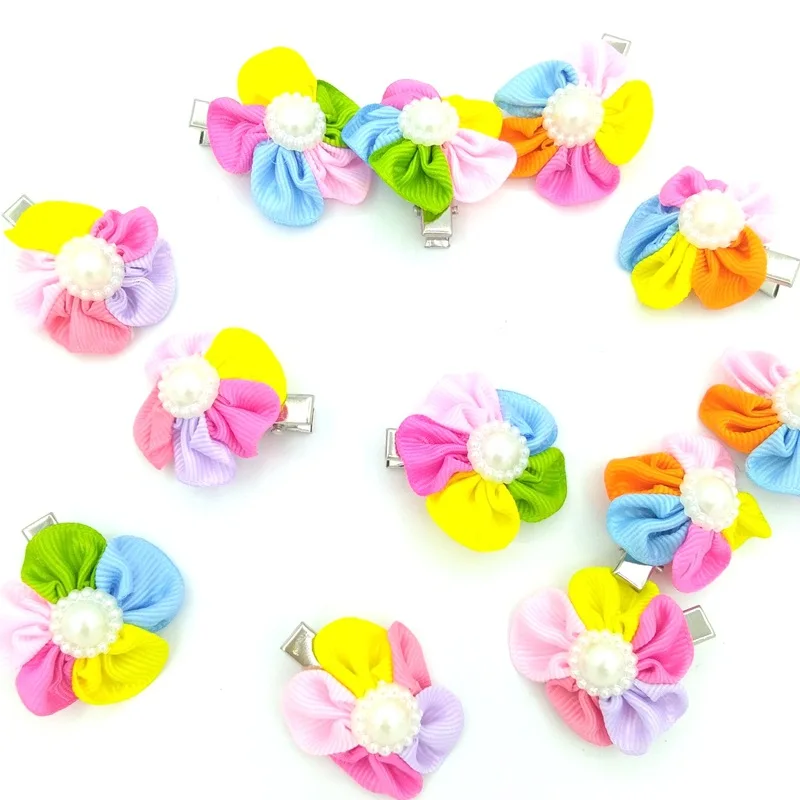 Многоцветный 10 Pcs Small Dog Cat Bows Hair Grooming Puppy Accessories Flower Design For Pets Dog Hair Clips Yorkshire Hair Bows Alloy Clips - Цвет: Многоцветный