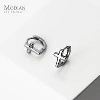 modian vintage smooth black cross hoop earring for women genuine 925 sterling silver simple earring korea style fine jewelry