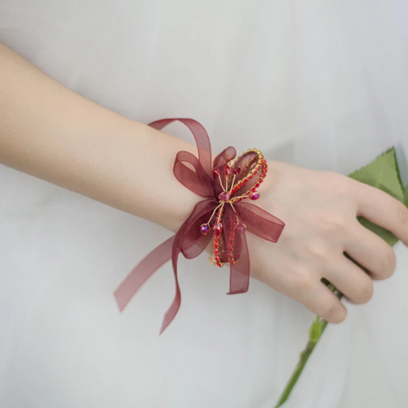 

Burgundy Silver White Ribbon Wrist Bracelet Handmade Cheap High Quality Crystals Hand Corsages