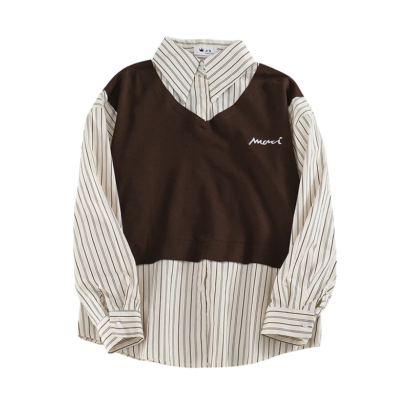 

Japanese-Style Retro Fake Two Pieces Shirts Female Design Niche Loose Versatile Knit Stitching Stripe Long Sleeves Top-Music of