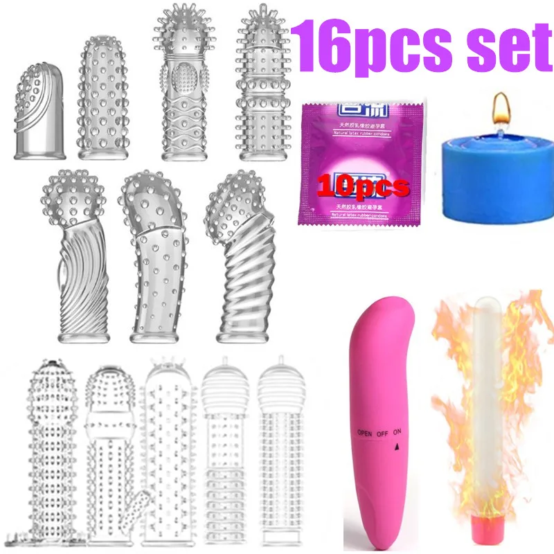 16pcs set Extensions condom Penis Sleeve Male Enlargement for Men Delay Spray Massager Cock Ring Cover Adult Sex Toys