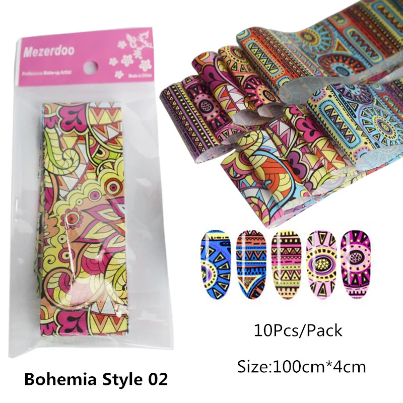 Bohemia 02 8/10/16 шт инструментов для ногтей Фольга передачи комплект наклейка для ногтей Стикеры 4*100 см цветок газета новости смешанные нейл-арта украшения клей обертывания - Цвет: Bohemia 02