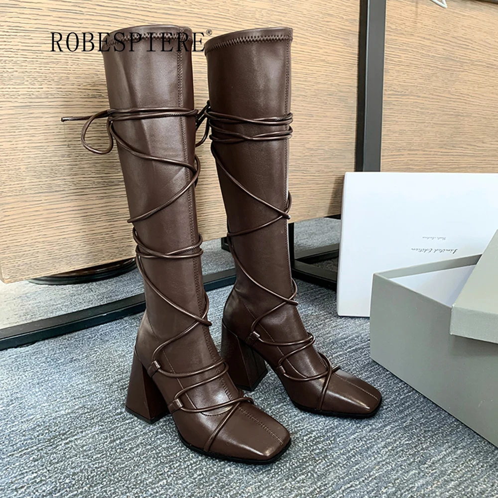 Murah ROBESPIERE-Sepatu Bot Panjang Lutut Kulit Wanita Sepatu Bot Berenda Merah Jaring Sepatu Heels-B213 Tinggi Ujung Persegi Modis