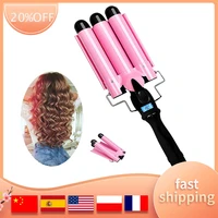 three barrel curling iron wand with lcd temperature display ceramic tourmaline dual voltage hair waver for all types of hair