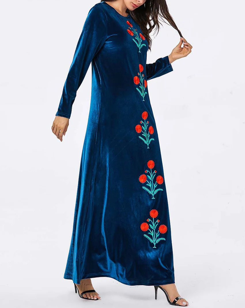 2021 New Muslim Abaya Clothing Velvet Dresses Embroidery Flowers Fashion Loose Plus Size Long sleeve Evening Maxi Dress Ladies |