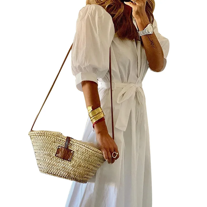 

Casual Lantern Sleeve Button Shirt Dress Ladies Elegant Solid Color Long Skirt Retro Lapel Belt Party Dress Streetwear Mid-Calf