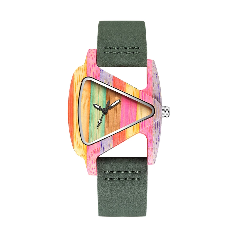 

Unique Colorful Wood Watch Creative Triangle Shape Dial Hour Clock Ladies Quartz Leather Bracelet Watch Women Wrist Reloj Mujer
