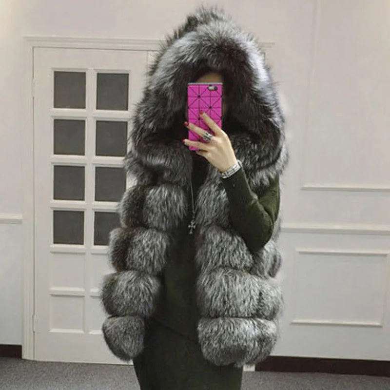 

60cm Silver Fox Fur Vest Striped Gilet Coat Outwear Jacket Garment Overcoat Sleeveless Top Golden Jackets Hooded Vest Hoodie