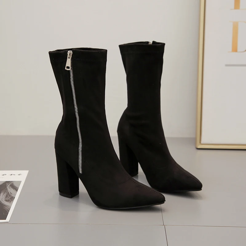 

New Women ShoesWomen's Chunky Heels Pointed Toe High Heels Short Boot Ladies Shoes Martin Boots