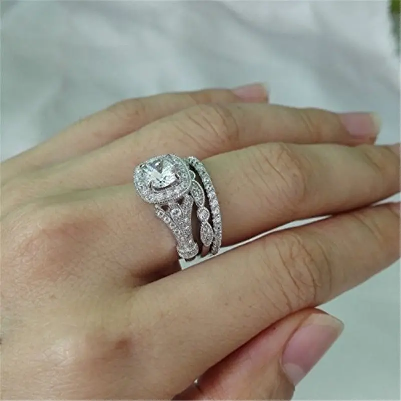 

925 Sterling Silver color Jewelry with Natural Zircon Ring Set for Women Whtie Three Silver 925 Jewelry Diamond Gemstone Ring