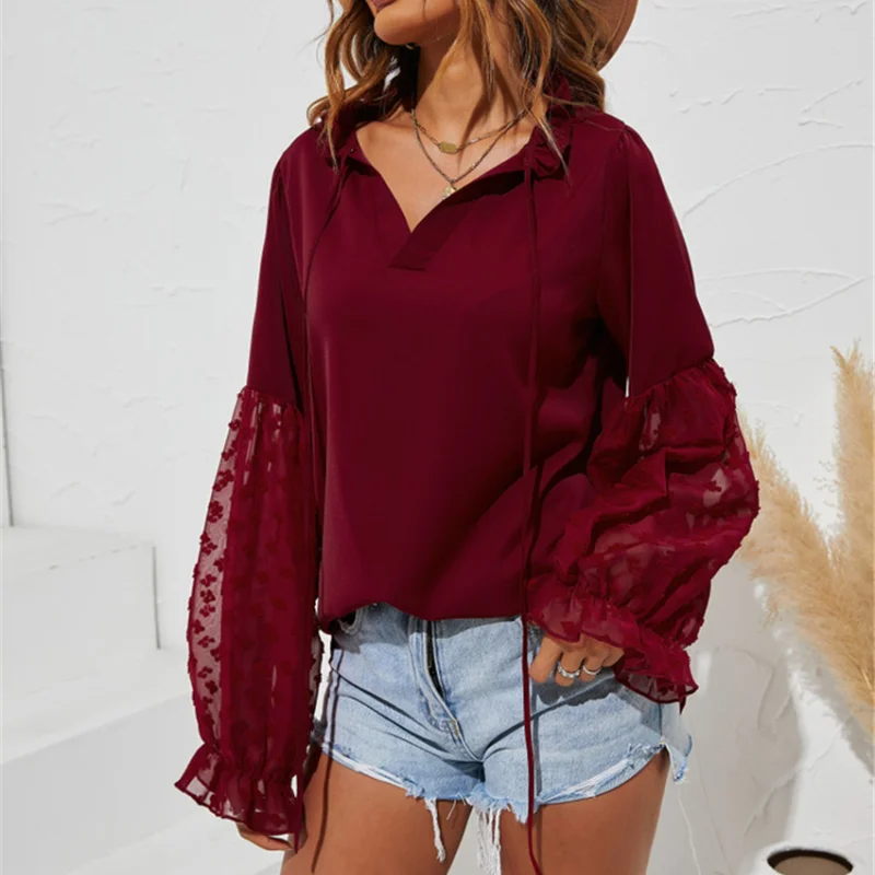 

Женская блуза с длинным рукавом-лепестком, V-образным вырезом