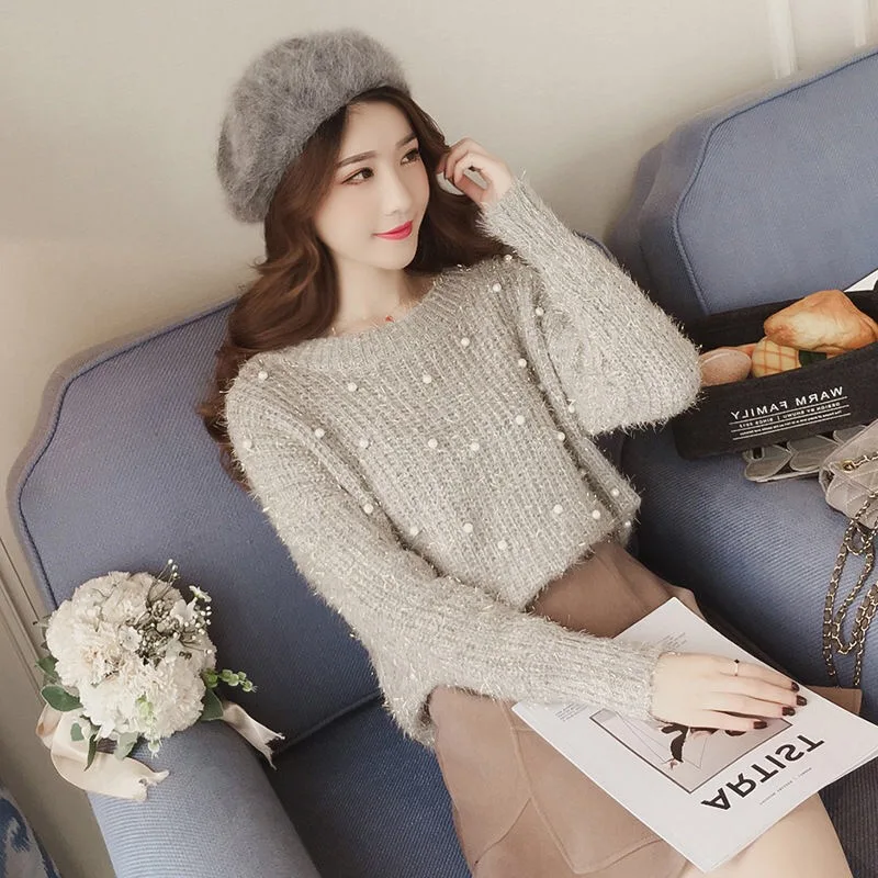 Vangull Pearl Beading O Neck Sweater Sweet Women Pullovers Knit Jumper Long Sleeve Casual Solid Pull Femme Autumn 2019 | Женская одежда