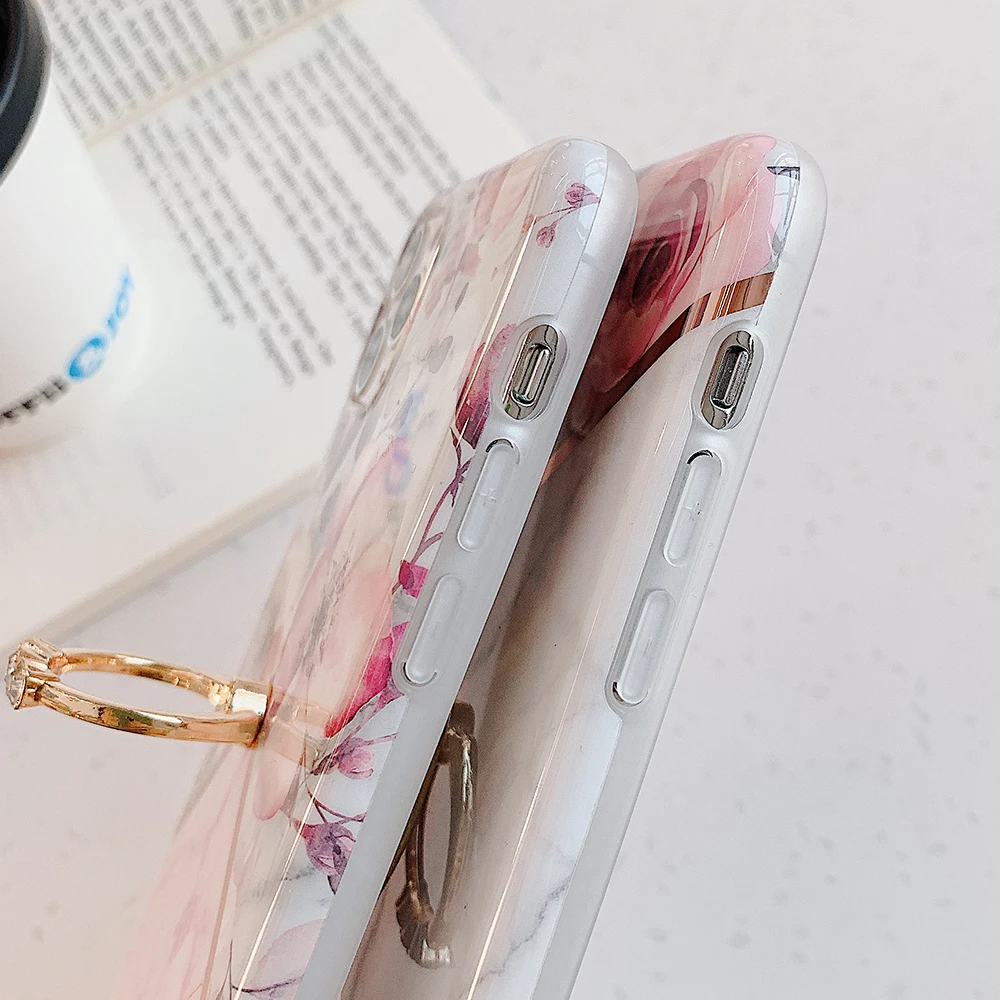 Чехол для телефона с мраморным кольцом держателем в стиле ретро iPhone 12 Mini 11 Pro Max XR X