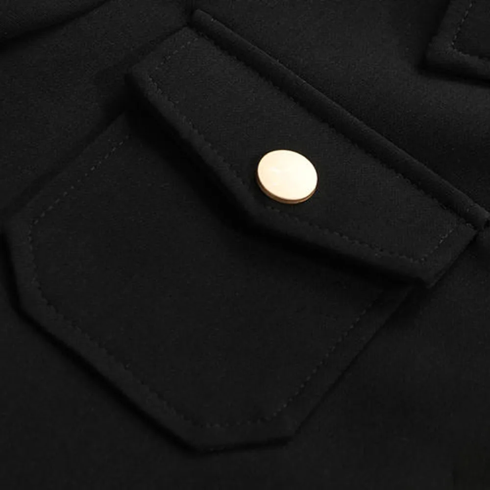 Офисное Женское пальто черное уличное на пуговицах с карманами длинным рукавом