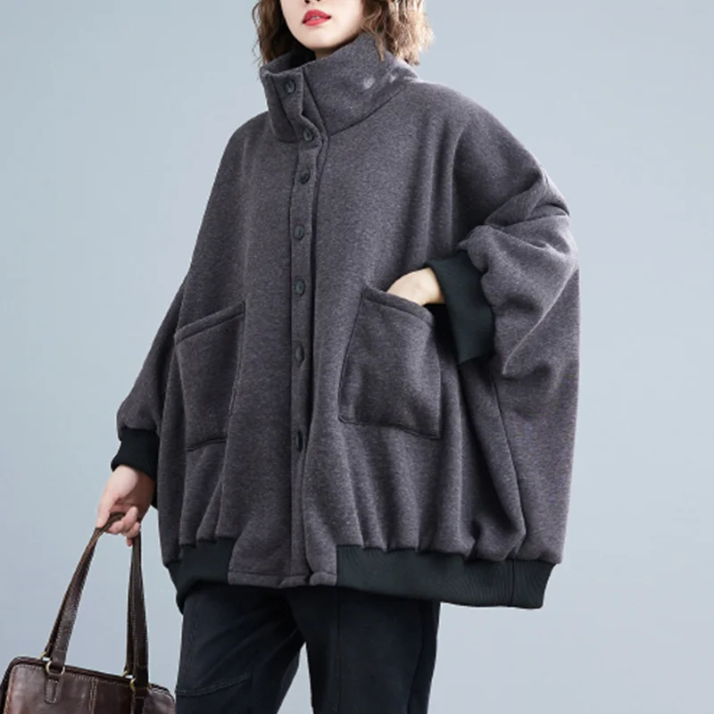 

#9077 Woman 50-130kg Winter Loose Jacket For Women Cotton Jackets Coats Ladies Vintage Outwear Batwing Sleeve Grey Coat Female