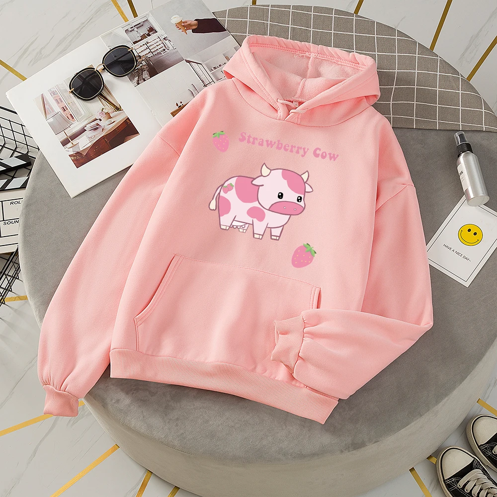 Hoodie Oversize Woman Sweetshirt Suit Thick Sweat Capuche Femme Sweatshirt Pink Harajuku Kawaii Strawberry Milk Printed Hoodie