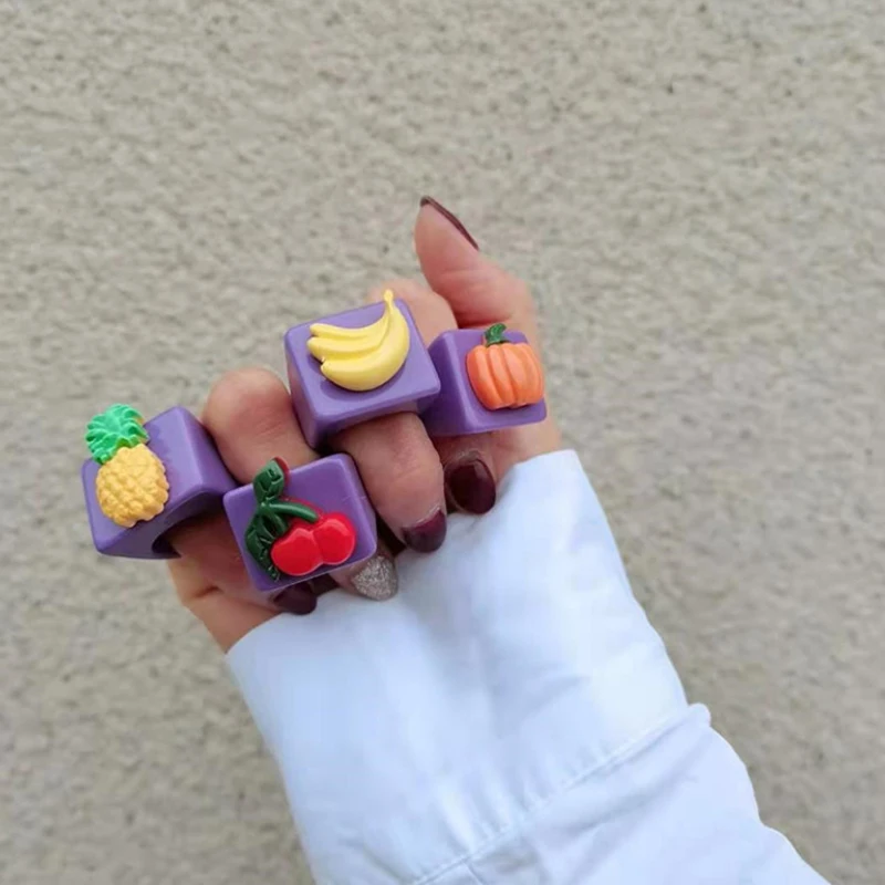 

Korean Acrylic Resin Colorful Summer Fruit Grape Banana Pineapple Good Square Wide Women’s Rings 2021 Trend Jewelry