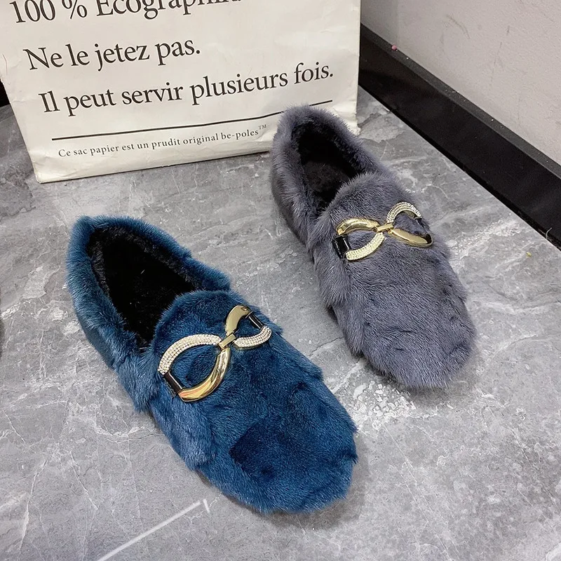

Autumn And Winter New Mink Wool Cotton Shoes Women Plus Velvet Thick-Soled Shoes Plush Shoes Women Winter Lazy Flat Shoes