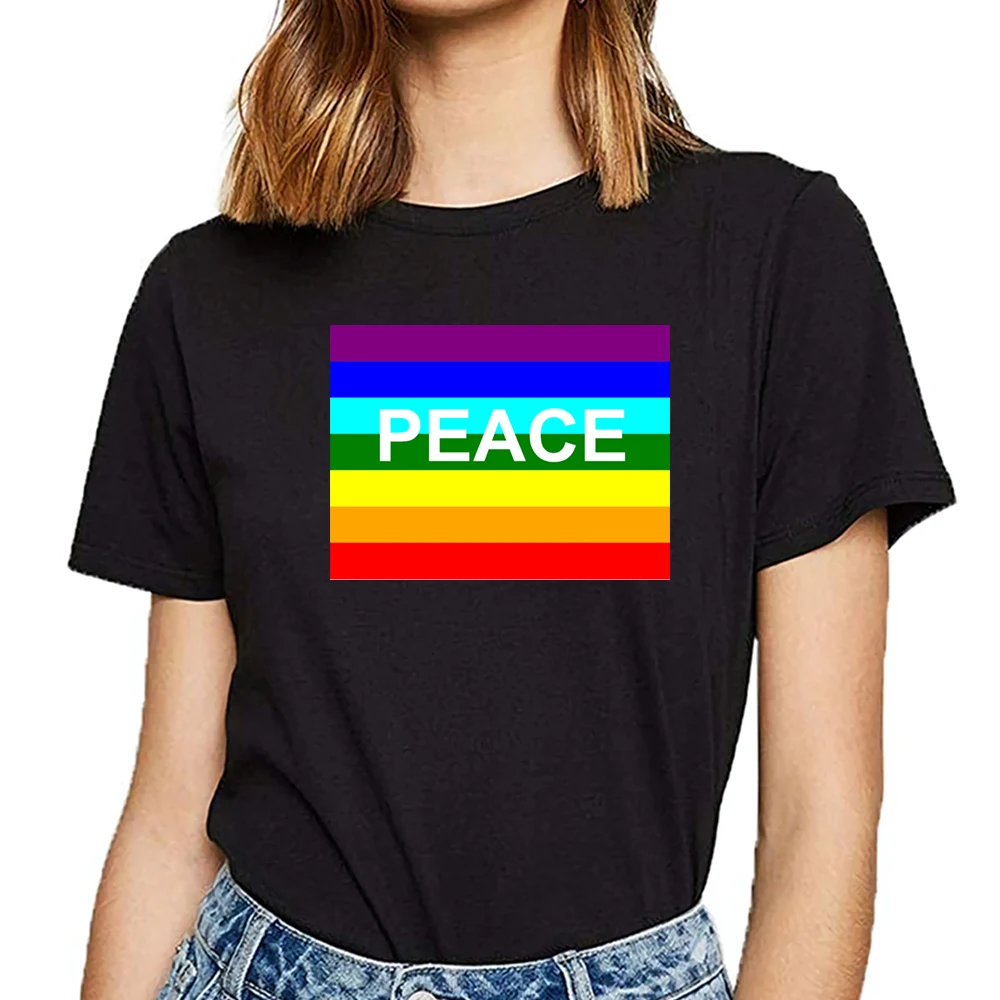 

Tops T Shirt Women rainbow peace gay pride Fashion White Print Female Tshirt