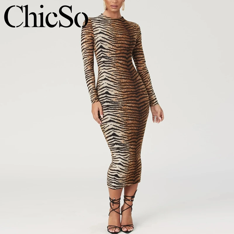 MissyChilli тигровый принт платье с длинным рукавом женское элегантное облегающее