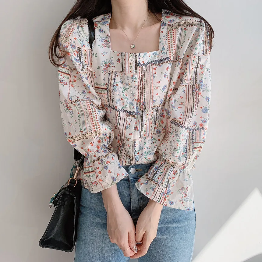 

Женские блузки Элегантный квадратный вырез Ретро Blusas Цветочный принт в богемном стиле рубашка в Корейском стиле с длинным рукавом шифон же...