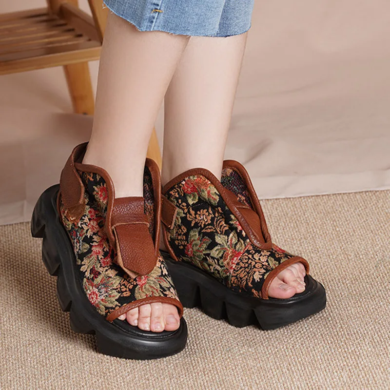 

Women Sandals Embroidery Leather Canvas Shoes Summer High Heels Wedge Genuine Leather Women Retro Sandals Fish Mouth Handmade