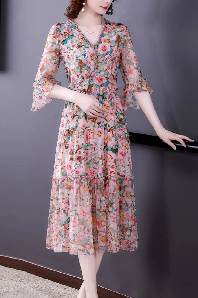

COIGARSAM Floral Print Women Long dress New Summer Spring Dresses Light Pink 6678